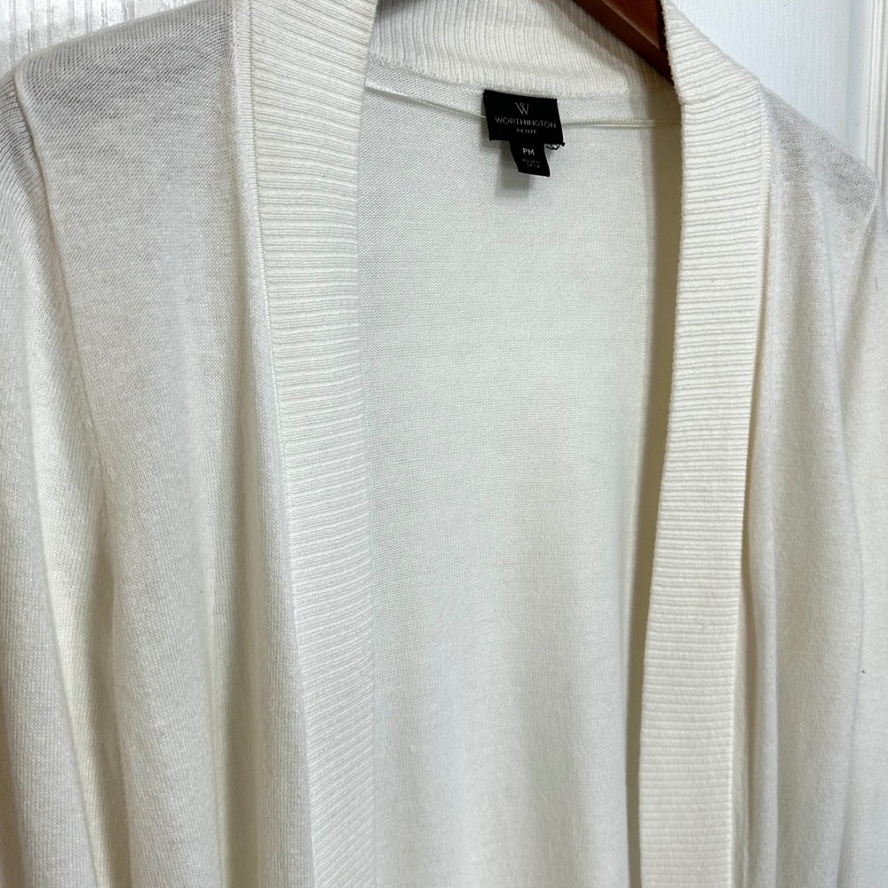 Worthington Petite Cream Open Front Cardigan Sweater PM Off White Ribbed Knit - Picture 3 of 8